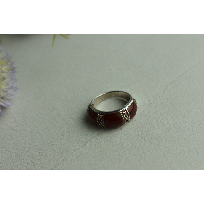 Sky Jewelry Серебряное кольцо с Бордовым Кораллом и камнями Морион