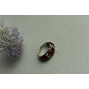 Sky Jewelry Серебряное кольцо с Бордовым Кораллом и камнями Морион