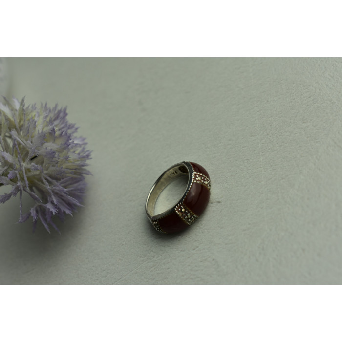 Sky Jewelry Серебряное кольцо с Бордовым Кораллом и камнями Морион