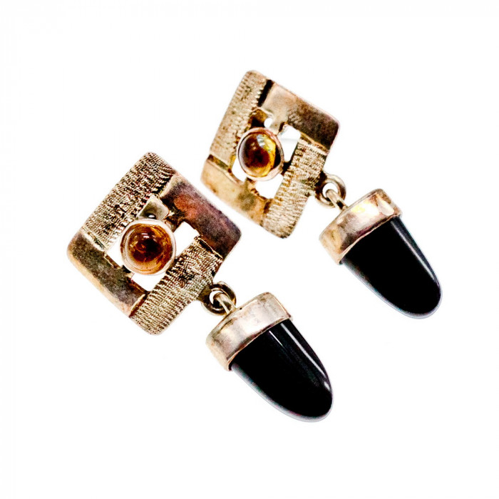 Sky Jewelry Дизайнерские Серебряные серьги 925 пробы с Янтарем и Черным Агатом