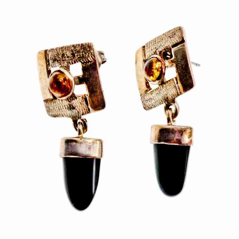 Sky Jewelry Дизайнерские Серебряные серьги 925 пробы с Янтарем и Черным Агатом