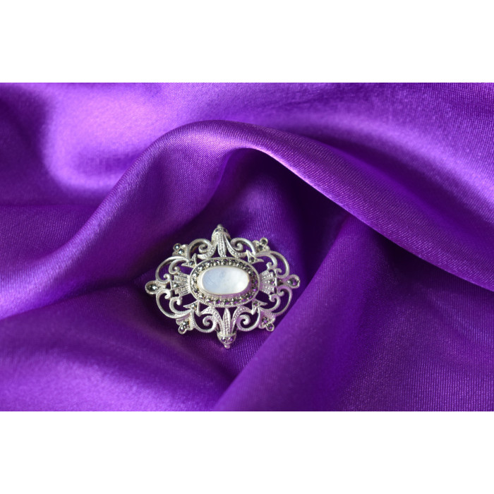 Sky Jewelry Винтажная Серебряная брошь с Перламутром и камнями Морион