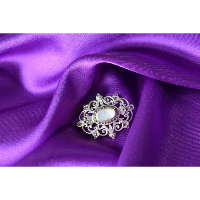 Sky Jewelry Винтажная Серебряная брошь с Перламутром и камнями Морион