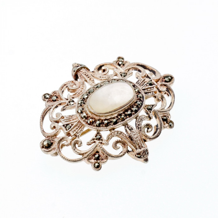 Sky Jewelry Винтажная Серебряная брошь с Перламутром и камнями Морион