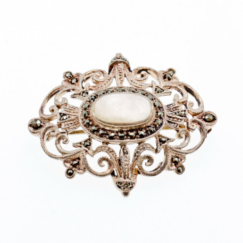 Sky Jewelry Винтажная Серебряная брошь с Перламутром и камнями Морион