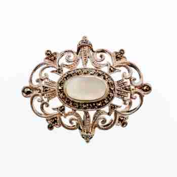 Sky Jewelry Винтажная Серебряная брошь с Перламутром и камнями Морион