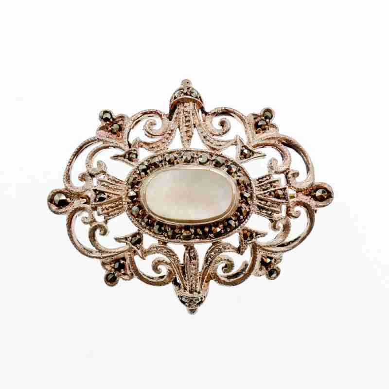 Sky Jewelry Винтажная Серебряная брошь с Перламутром и камнями Морион