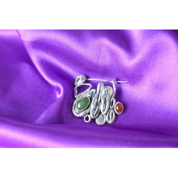 Sky Jewelry Старинная Серебряная брошь с камнями Нефрит и Карнеол