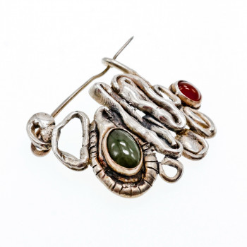 Sky Jewelry Старинная Серебряная брошь с камнями Нефрит и Карнеол