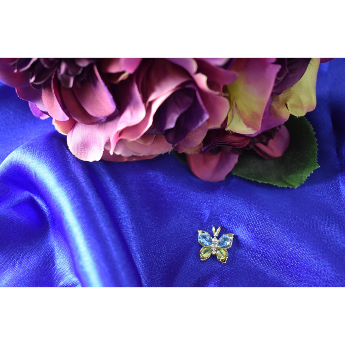 Sky Jewelry Золотой кулон 14К (585 проба)  с Топазом Перидотом и бриллиантами *Бабочка*