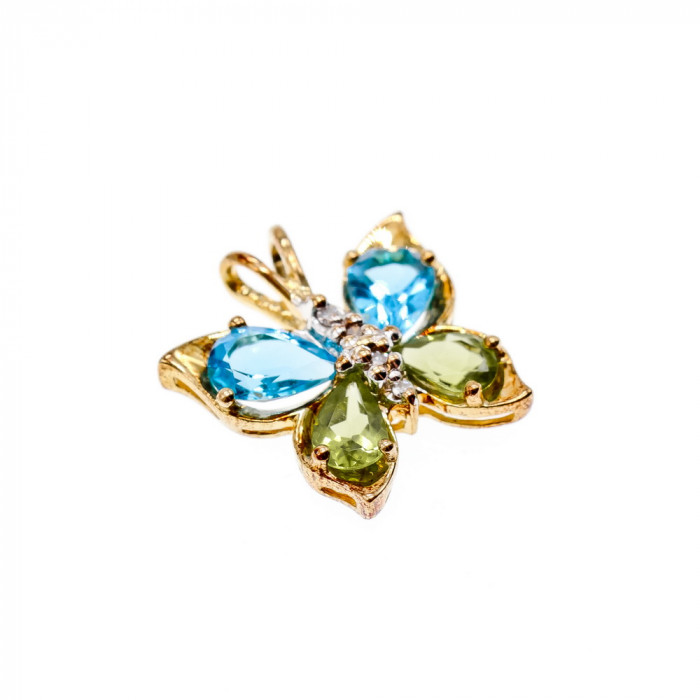Sky Jewelry Золотой кулон 14К (585 проба)  с Топазом Перидотом и бриллиантами *Бабочка*