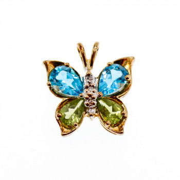 Sky Jewelry Золотой кулон 14К (585 проба)  с Топазом Перидотом и бриллиантами *Бабочка*