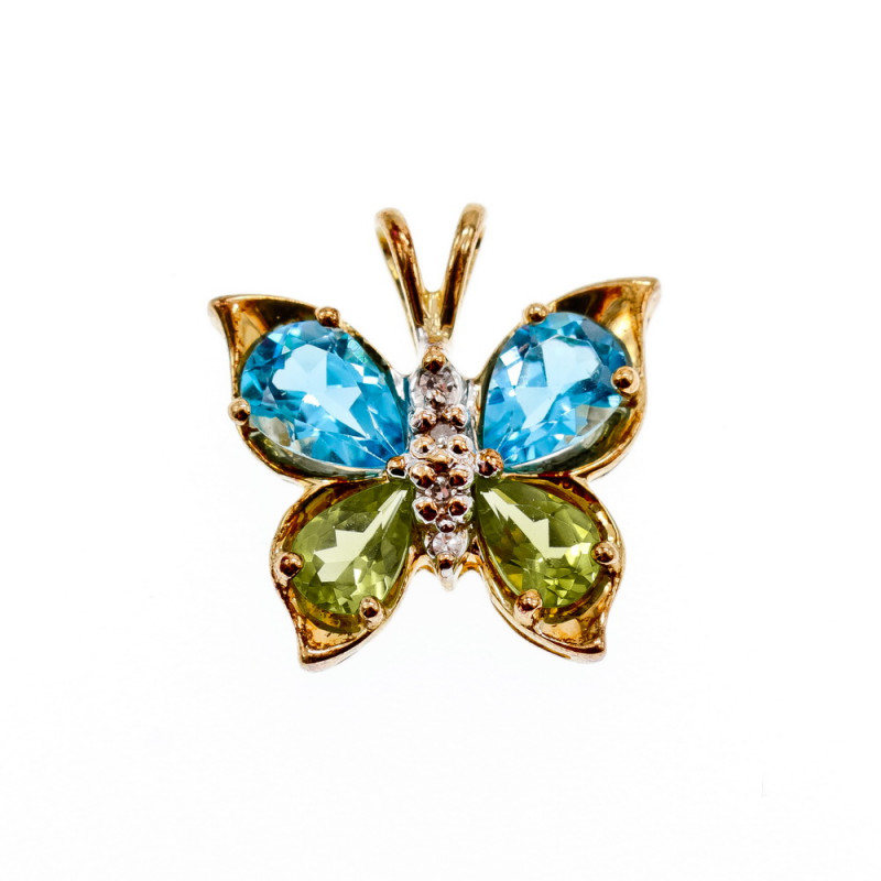 Sky Jewelry Золотой кулон 14К (585 проба)  с Топазом Перидотом и бриллиантами *Бабочка*
