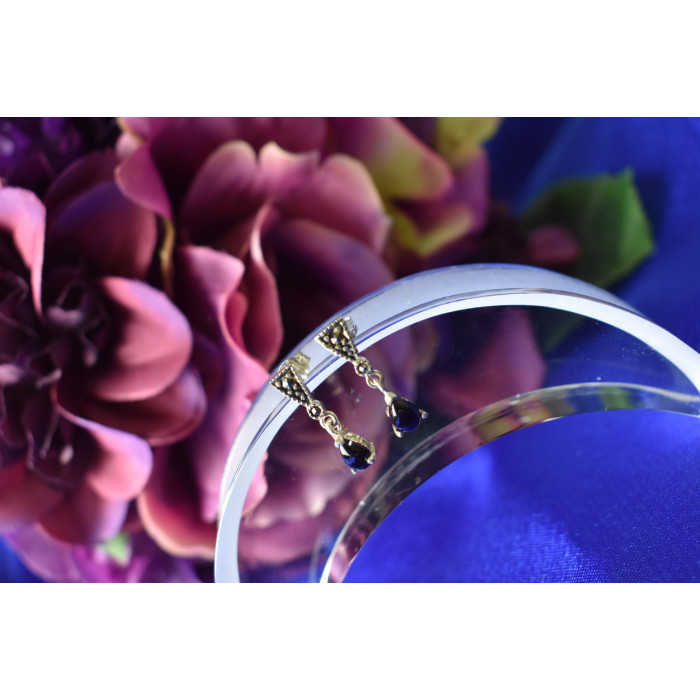 Sky Jewelry Серебряные серьги с черным нефритом и камнями Морион 925 проба 