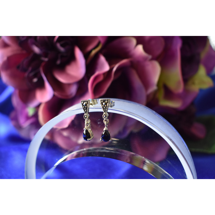 Sky Jewelry Серебряные серьги с черным нефритом и камнями Морион 925 проба 