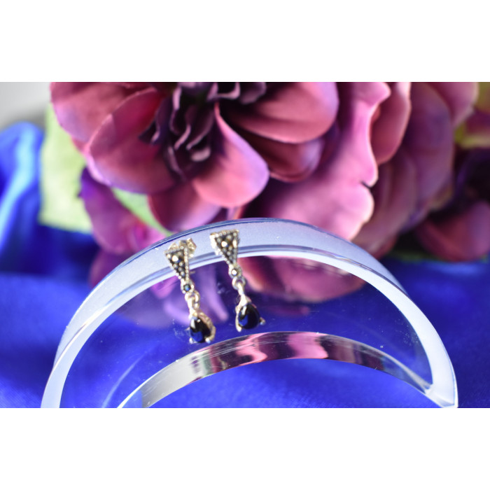 Sky Jewelry Серебряные серьги с черным нефритом и камнями Морион 925 проба 