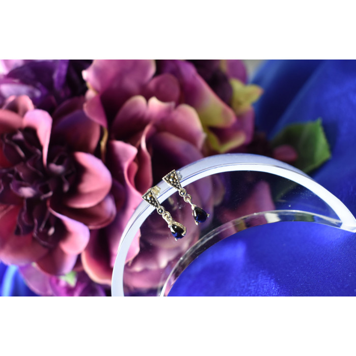 Sky Jewelry Серебряные серьги с черным нефритом и камнями Морион 925 проба 