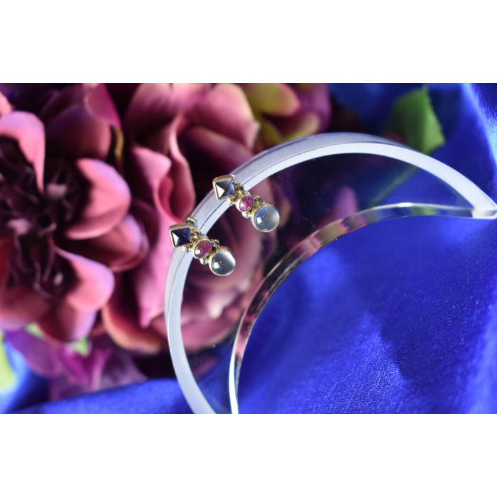 Sky Jewelry Серебряные серьги-гвоздики с Лунным Камнем , Сапфиром (синтетический) и Рубином (синтетический)