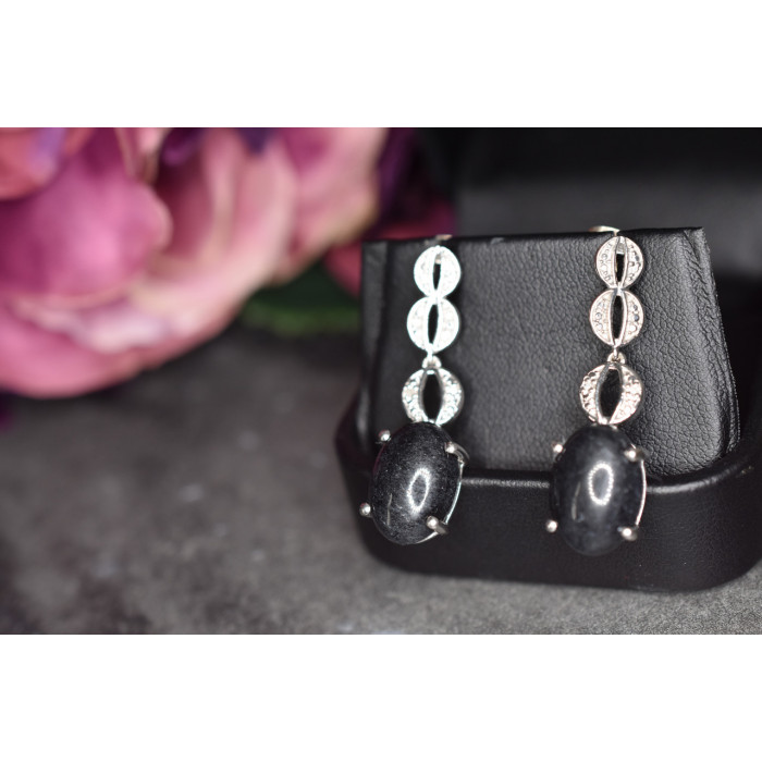 Sky Jewelry Серебряные серьги с Черным турмалином и вставками из прозрачного кварца