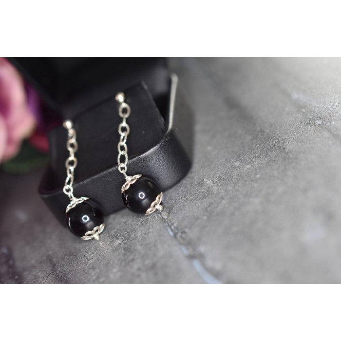 Sky Jewelry Серебряные серьги 925 пробы с  Черным Агатом  *Шар*