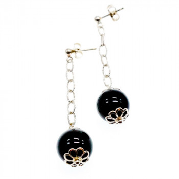 Sky Jewelry Серебряные серьги 925 пробы с  Черным Агатом  *Шар*