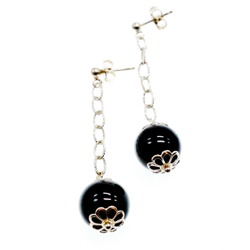 Sky Jewelry Серебряные серьги 925 пробы с  Черным Агатом  *Шар*