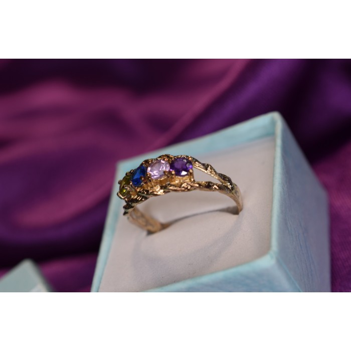 Sky Jewelry Серебряное кольцо с камнями Демантоид, Турмалин Параиба, Шпинель и Аметист