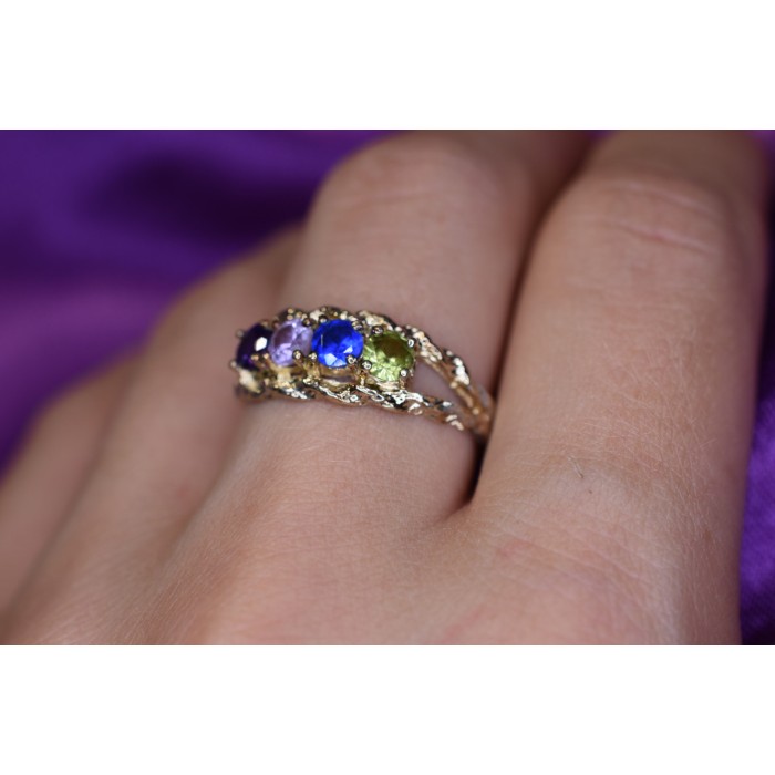 Sky Jewelry Серебряное кольцо с камнями Демантоид, Турмалин Параиба, Шпинель и Аметист