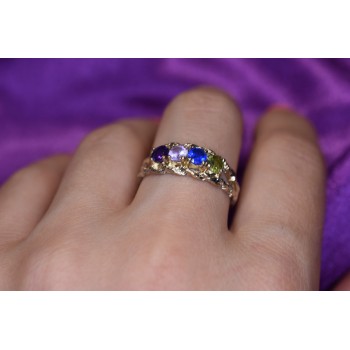 Sky Jewelry Серебряное кольцо с камнями Демантоид, Турмалин Параиба, Шпинель и Аметист