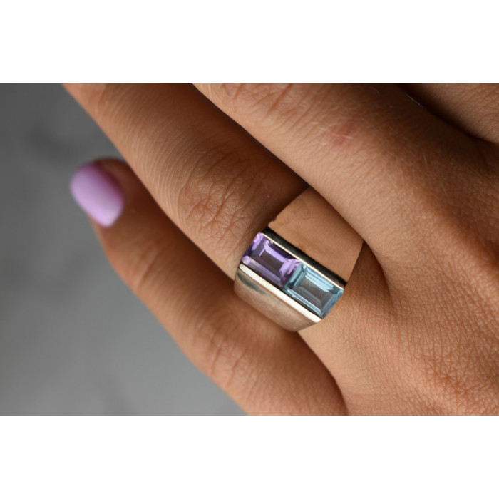 Sky Jewelry Серебряное кольцо с голубой Шпинелью и фиолетовым Турмалином