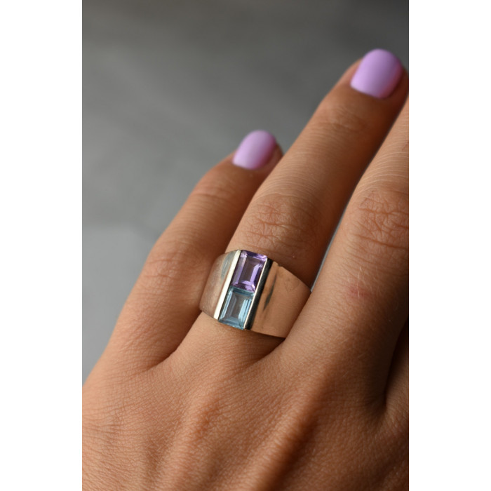 Sky Jewelry Серебряное кольцо с голубой Шпинелью и фиолетовым Турмалином