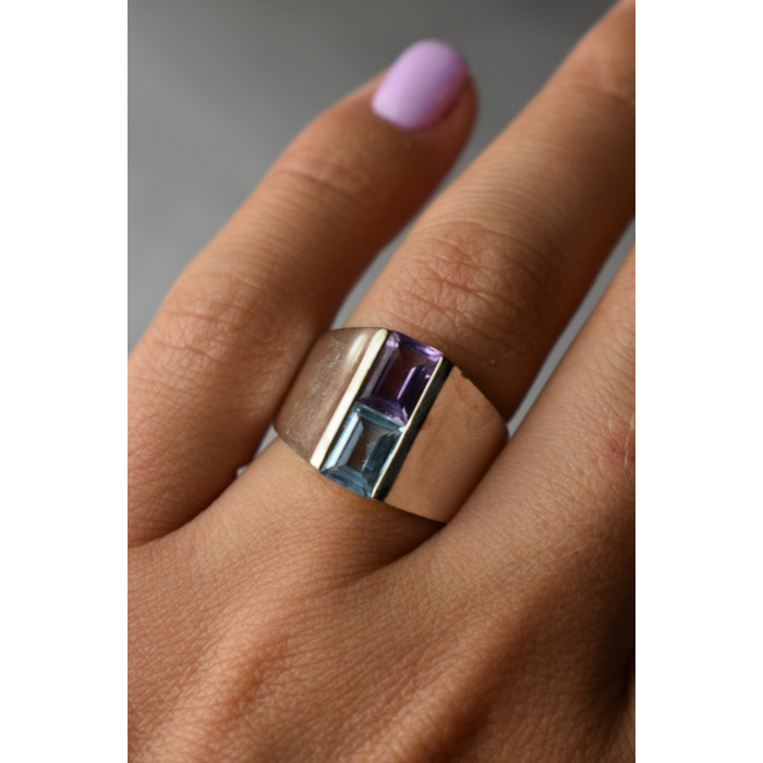 Sky Jewelry Серебряное кольцо с голубой Шпинелью и фиолетовым Турмалином