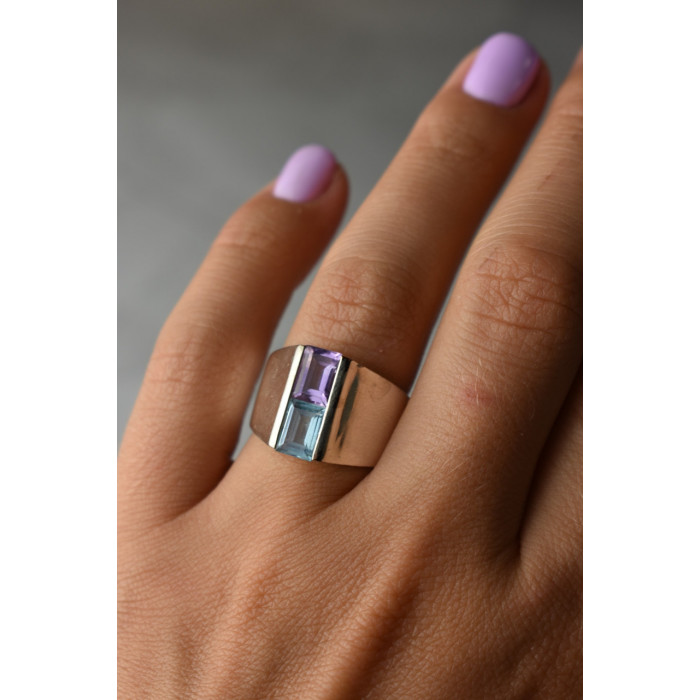 Sky Jewelry Серебряное кольцо с голубой Шпинелью и фиолетовым Турмалином