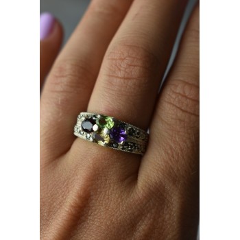 Sky Jewelry Серебряное кольцо 925 проба с камнями Морион , Гранат,  Перидот,  Цитрин и Турмалин