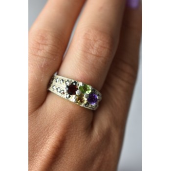 Sky Jewelry Серебряное кольцо 925 проба с камнями Морион , Гранат,  Перидот,  Цитрин и Турмалин