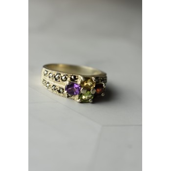 Sky Jewelry Серебряное кольцо 925 проба с камнями Морион , Гранат,  Перидот,  Цитрин и Турмалин