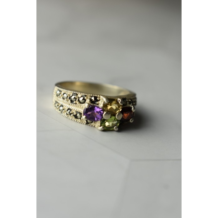 Sky Jewelry Серебряное кольцо 925 проба с камнями Морион , Гранат,  Перидот,  Цитрин и Турмалин