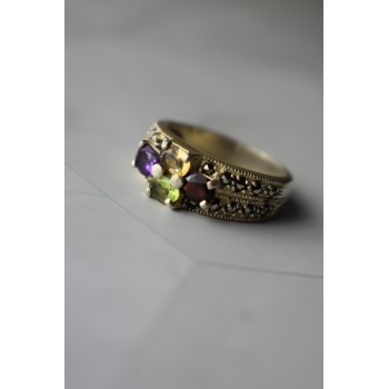 Sky Jewelry Серебряное кольцо 925 проба с камнями Морион , Гранат,  Перидот,  Цитрин и Турмалин