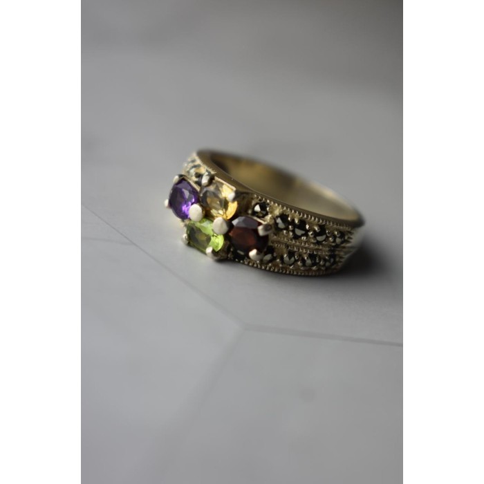 Sky Jewelry Серебряное кольцо 925 проба с камнями Морион , Гранат,  Перидот,  Цитрин и Турмалин