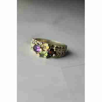 Sky Jewelry Серебряное кольцо 925 проба с камнями Морион , Гранат,  Перидот,  Цитрин и Турмалин