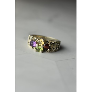 Sky Jewelry Серебряное кольцо 925 проба с камнями Морион , Гранат,  Перидот,  Цитрин и Турмалин