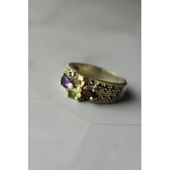 Sky Jewelry Серебряное кольцо 925 проба с камнями Морион , Гранат,  Перидот,  Цитрин и Турмалин