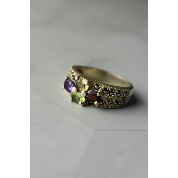 Sky Jewelry Серебряное кольцо 925 проба с камнями Морион , Гранат,  Перидот,  Цитрин и Турмалин