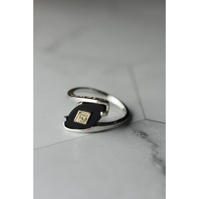 Sky Jewelry Серебряное кольцо с  Черным Агатом и фианитом