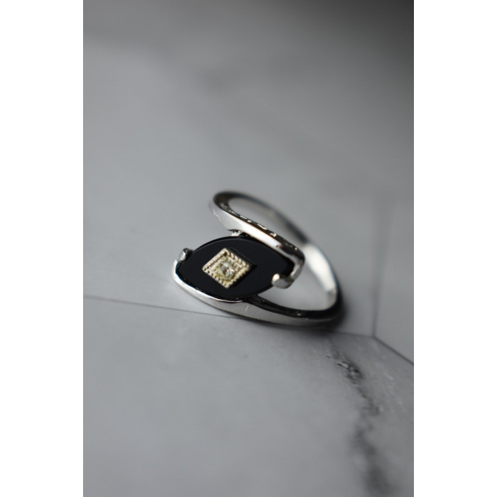 Sky Jewelry Серебряное кольцо с  Черным Агатом и фианитом