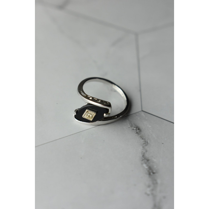 Sky Jewelry Серебряное кольцо с  Черным Агатом и фианитом