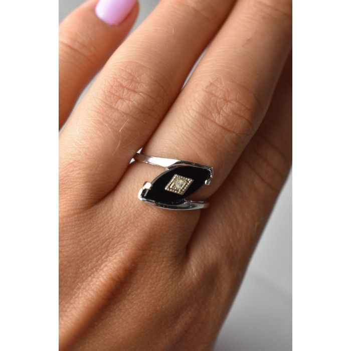 Sky Jewelry Серебряное кольцо с  Черным Агатом и фианитом