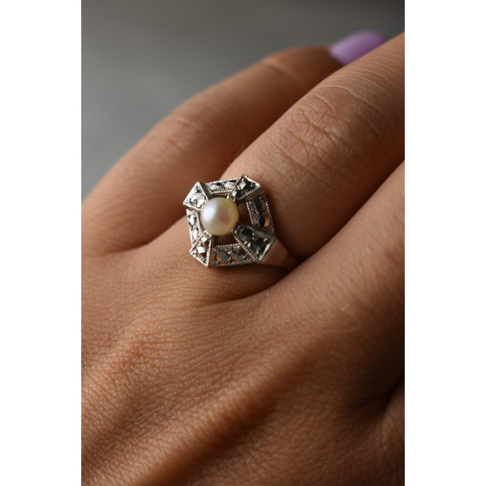 Sky Jewelry Серебряное кольцо с жемчугом и марказитами