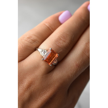 Sky Jewelry Серебряное кольцо 925 проба с оранжевым камнем Гессонит  и бесцветным кварцем
