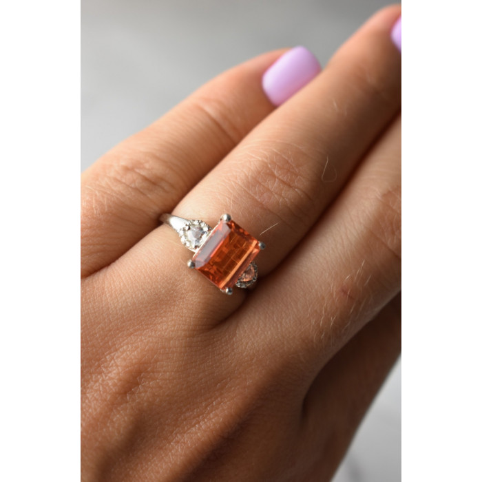 Sky Jewelry Серебряное кольцо 925 проба с оранжевым камнем Гессонит  и бесцветным кварцем